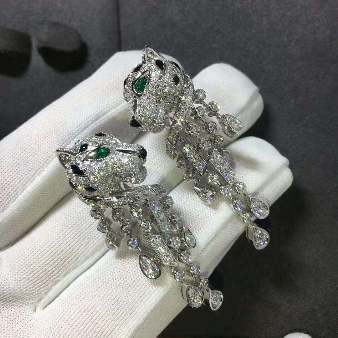 Panthère de Cartier Earrings in Platinum set with 310 Brilliant-cut Diamonds emeralds & onyx