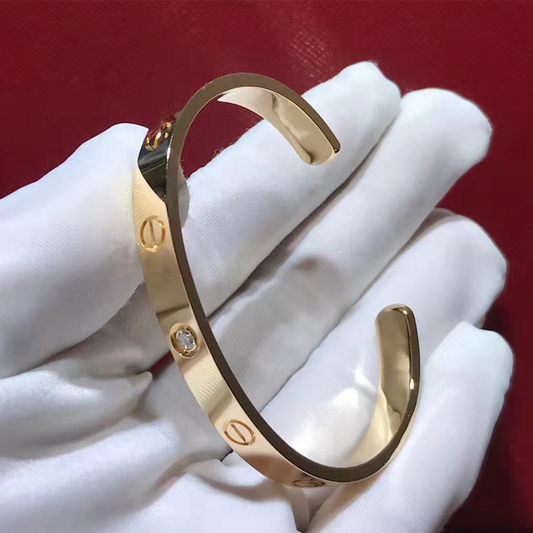 Custom Made Cartier Open Cuff Love Diamond Yellow Gold Bracelet