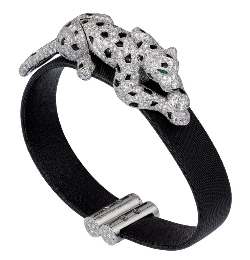 Panthère de Cartier bracelet 18k White gold emeralds, onyx, diamonds