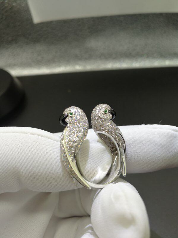 Inspired Cartier Les Oiseaux Libérés Diamond Emerald Onyx Love Birds Parrot White Gold Ring