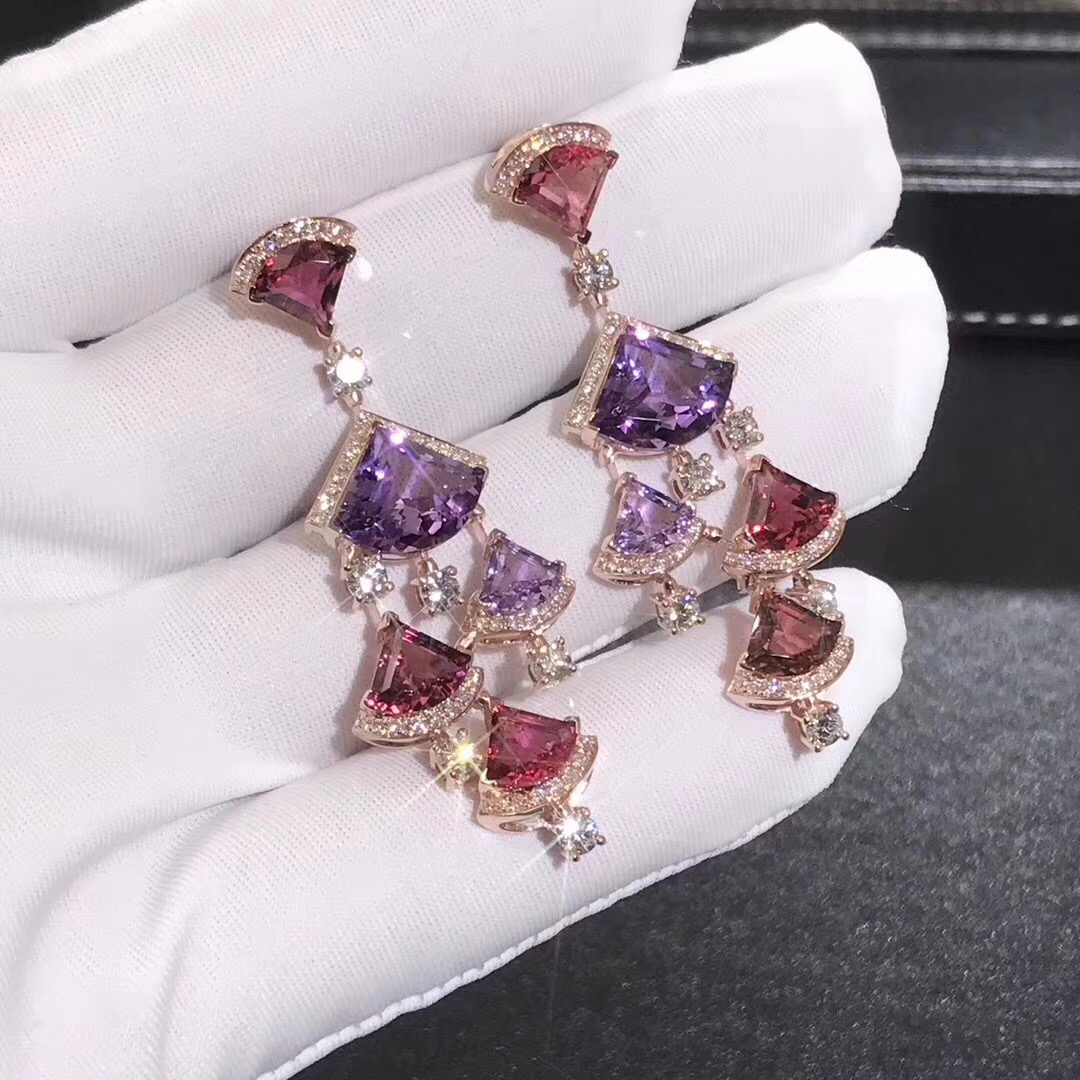 Designer Bvlgari Divas’ Dream earrings in 18kt rose gold with pink rubellite, amethyst and pavè diamonds