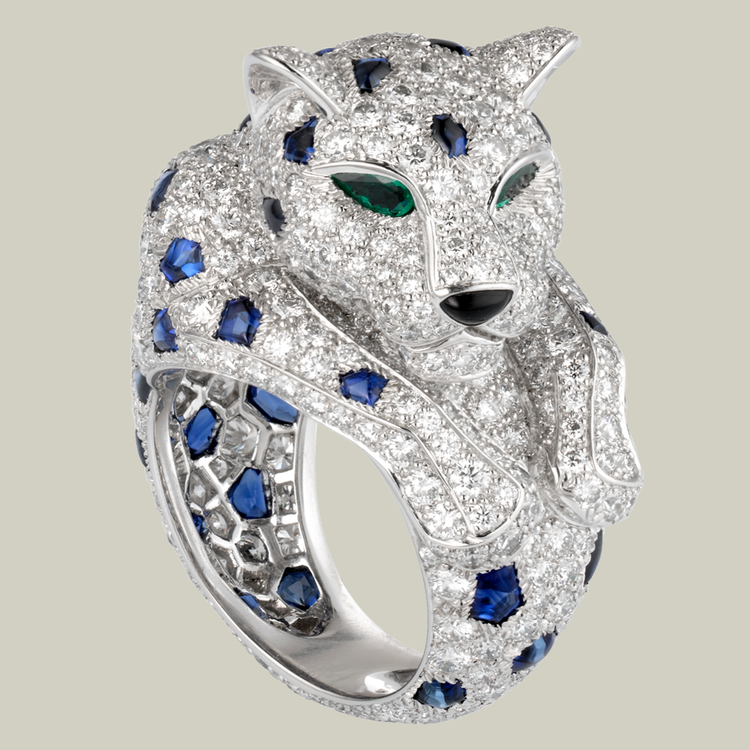 Inspired Panthere de Cartier Ring Platinum with Sapphiers, Emeralds and Diamonds
